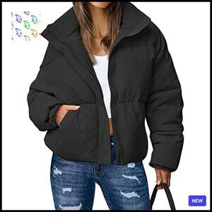 Cropped Puffer Jacket Casual Oversized Chic Winter Coat Full Zip Stand Collar